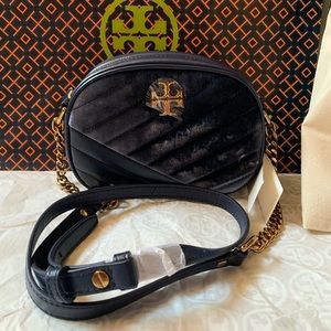 Tory Burch Kira Chevron Velvet Small Camera Bag Crossbody Harbor Dark Blue Navy